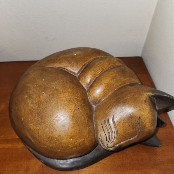Sleeping Cat Wooden Sculpture Hand-Carved Decor 10" H x 9" L - Picture 2 of 11